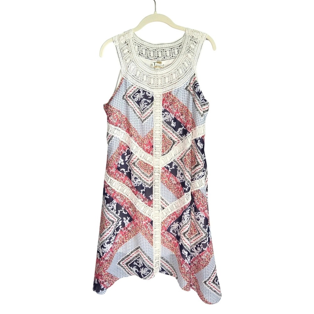 Tanzara Sleeveless Dress Womens Large Pink Navy Crochet Lace Coastal Boho Resort